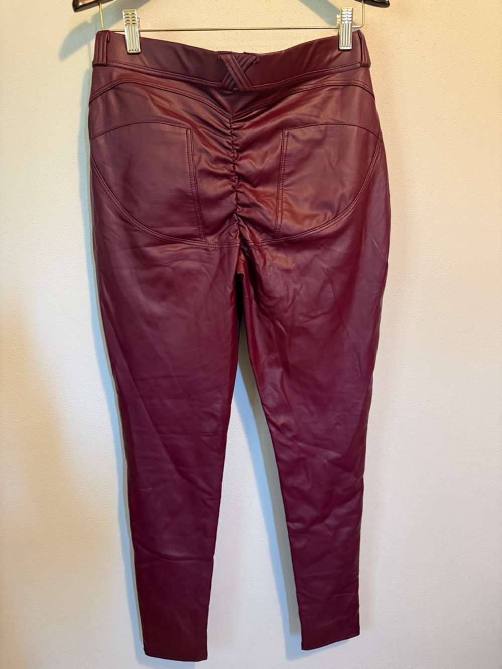 Burgundy Faux Leather High-Waist Ruched Leggings
